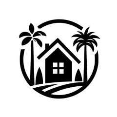 Tropical Home Logo: Black & White House, Palm Trees, Circle