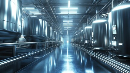 Fototapeta premium A modern, polished industrial facility with rows of stainless steel tanks.