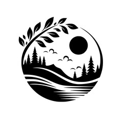 Black & White Circle Nature Logo: Trees, Sun, & Birds