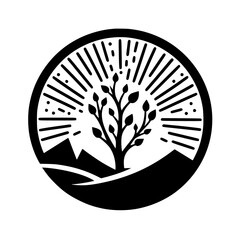 Minimalist Nature Icon: Tree & Mountains, Black and White Circle Emblem