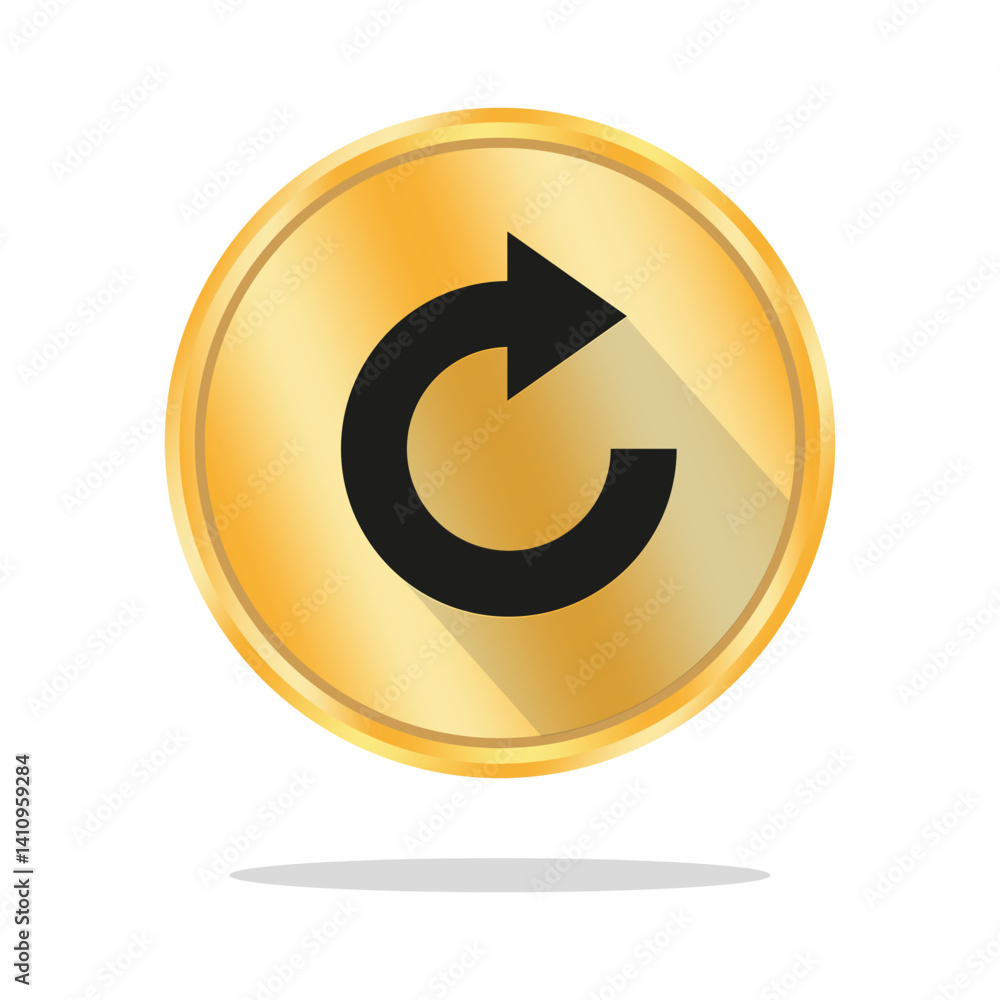 Poster refresh arrow icon. gold vector button. repeat media symbol. black glossy circle.