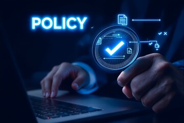 Accountant Reviewing Office Documents – Auditing Concept with Checkboxes for Policies, Terms and Company Articles Assessment