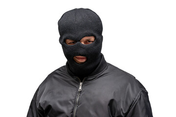 Criminal wearing balaclava is looking suspicious on white background