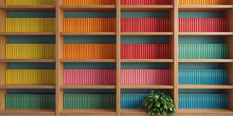 Colorful bookshelf filled with rainbow-sorted books in a modern library or study room interior, showcasing knowledge, organization, education, and visual harmony in literature
