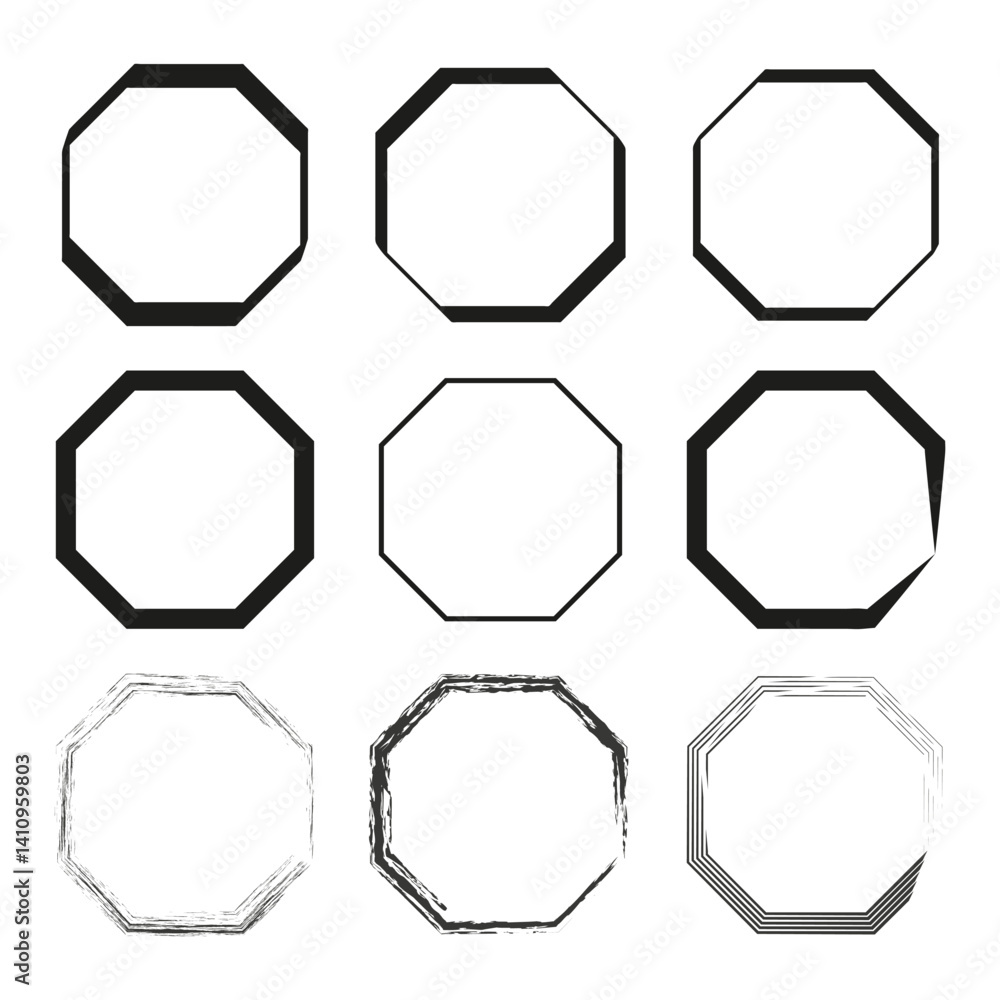 Poster octagon frame set. vector clean lines. black sharp edges. white flat background.