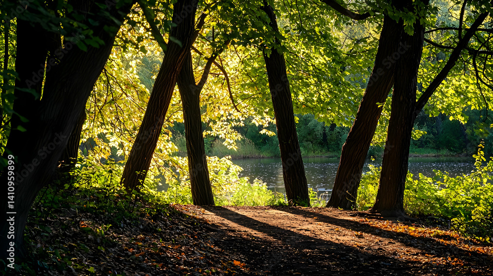Poster sunlit forest path with trees and pond