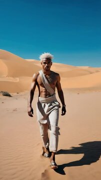 Athletic shirtless man walks across the hot sand dunes under bright clear sky, wearing loose fitting clothing and sandals in summer heat