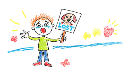Upset boy holding lost dog sign - in colorful doodle style  