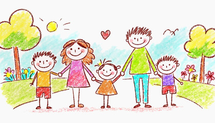 Fototapeta premium Happy family holding hands in a park, colorful doodle style 