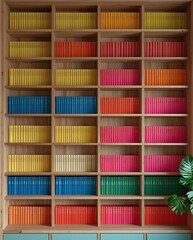 Colorful bookshelf filled with rainbow-sorted books in a modern library or study room interior, showcasing knowledge, organization, education, and visual harmony in literature
