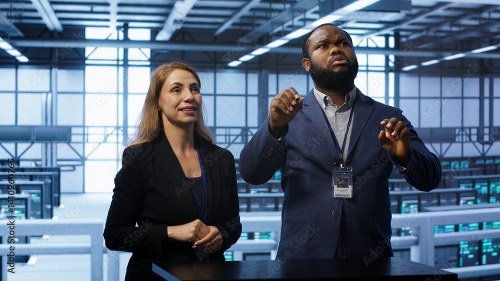 Poster admin and coworker looking at holograms in data center, doing swiping motions hand gestures. it supp