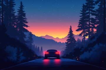 Explore Scenic Road Adventures at Sunset. Vibrant Digital Art of Car Silhouettes Amidst Mystical Mountain Landscapes