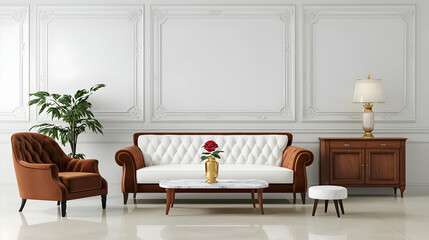 Elegant White Living Room With Classic Furniture And Rose