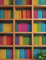 Fototapeta premium Colorful bookshelf filled with rainbow-sorted books in a modern library or study room interior, showcasing knowledge, organization, education, and visual harmony in literature 
