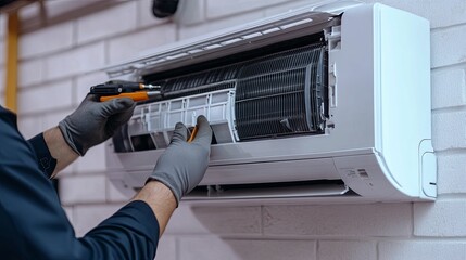 A technician repairs a wall-mounted air conditioner unit.