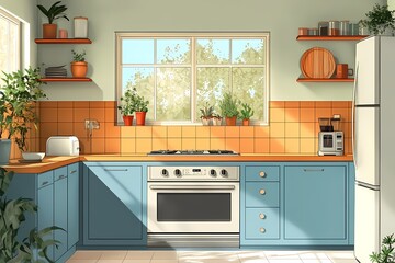 Modern Kitchen Interior Design with Blue Cabinets and Orange Tiles. Inviting and Stylish Ambiance with Natural Light and Plant Life