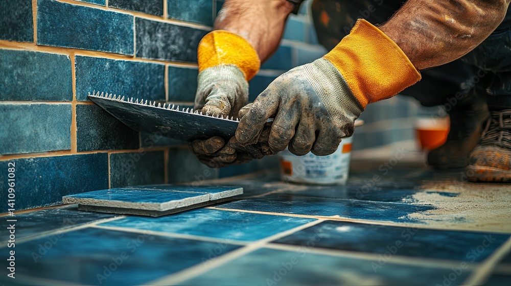 Poster a worker is installing dark blue tiles using a notched trowel.