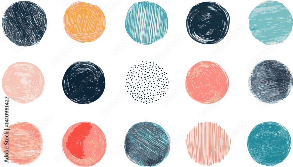 Poster colorful hand-drawn circles with textured patterns in a grid layout, abstract art. vector illustrati