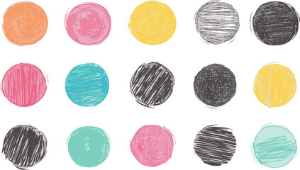 Colorful hand-drawn scribbled circles in a grid arrangement on white background. Vector illustration