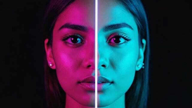 Elegant woman's face illuminated in split pink and cyan lighting with soft focus in a beauty studio, dark background