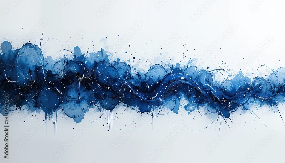 Poster indigo waves of abstract expressionism flow across the canvas.