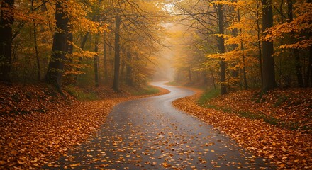 Autumnal Forest Path Winding Road Through Golden Leaves and Fog