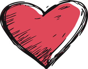 Red hand-drawn heart with black sketch lines  illustration. Vector illustration
