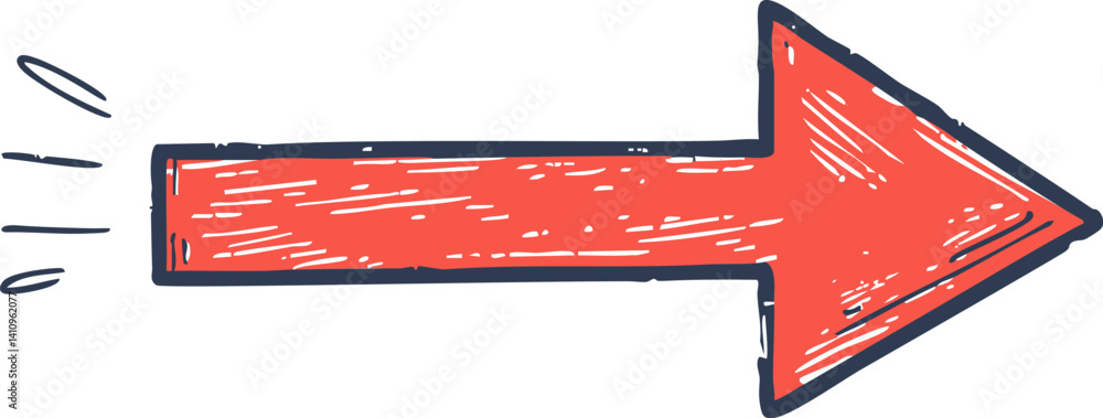 Poster red sketch arrow pointing right with motion lines . vector illustration