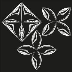 Decorative floral pattern. Petal line motif. Diamond shape vector. White black contrast.