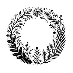 Black and White Winter Wreath Illustration, Festive Design Element