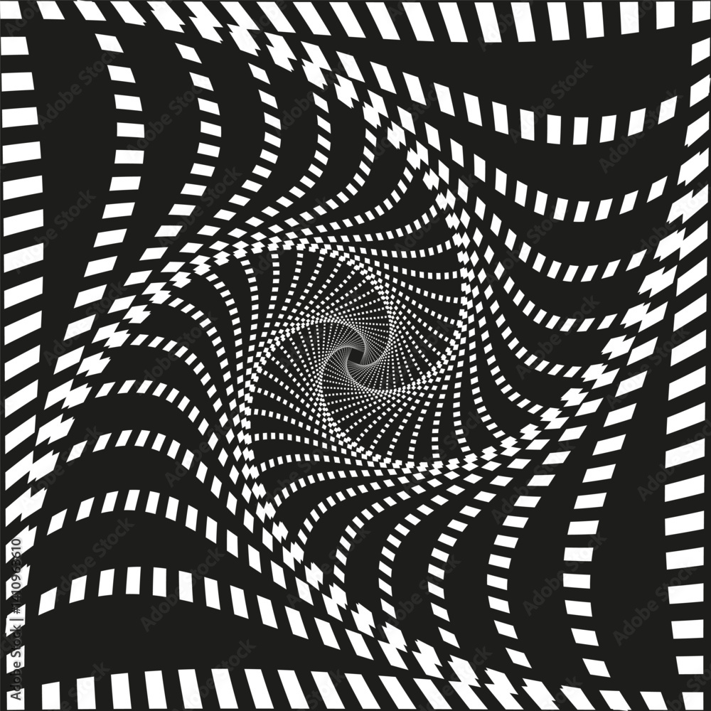 Poster distorted spiral form. illusion stripe shape. twisted vector pattern. black white contrast.