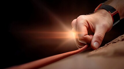Close-up of a climber gripping a rope with intense focus, dramatic lighting enhancing the action