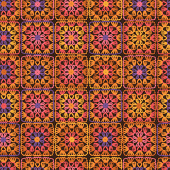 Crochet vector background. Multicolored abstract seamless pattern. Lace texture. knitted by hand or machine. Granny and cottage core allover print for fabric, wrapping paper, textile, ads