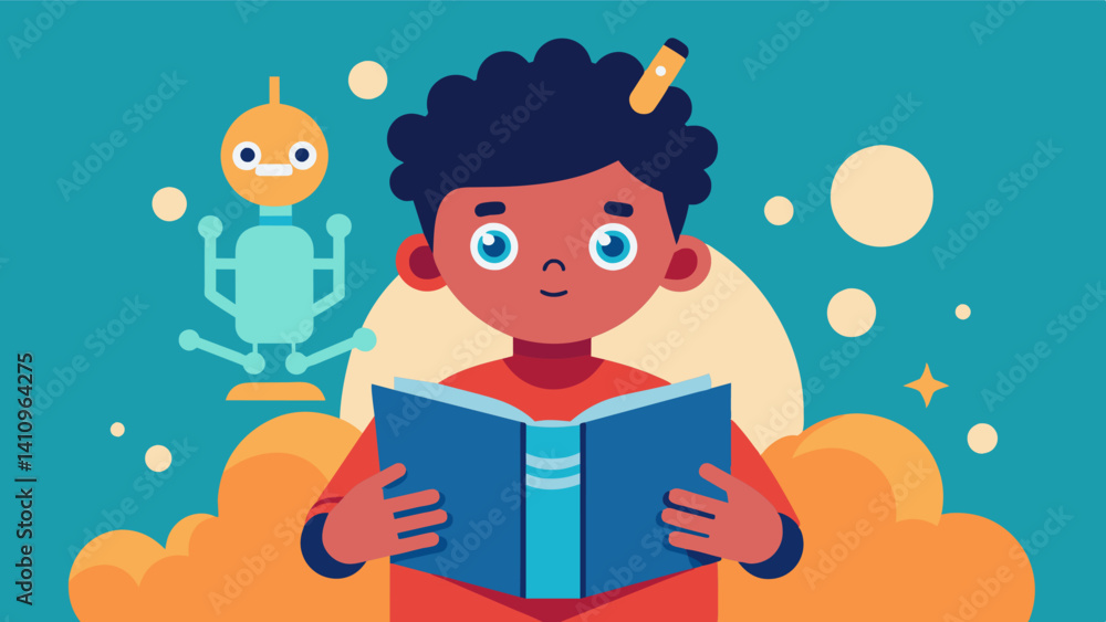 Poster a child reading a book about the history and development of artificial intelligence engrossed in the