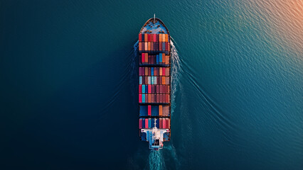 Aerial view of cargo ship with colorful containers on calm ocean at sunset
