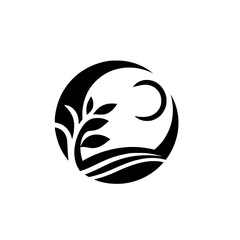 Modern Minimalist Nature Logo: Tree, Crescent Moon, & Waves
