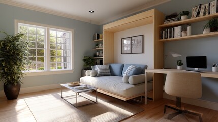 Fototapeta premium Dual-purpose guest and office room with Murphy bed 