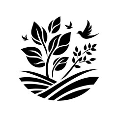 Minimalist Nature Scene: Birds, Plants & Fields Vector Illustration