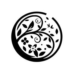 Elegant Black & White Floral Design in a Circle - Vector Art