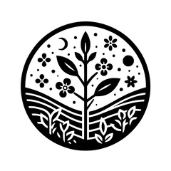 Botanical Silhouette Circle: Nature, Minimalist Design, Emblem