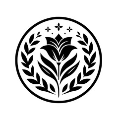 Minimalist Floral Crest Design, Elegant Black & White Logo Element