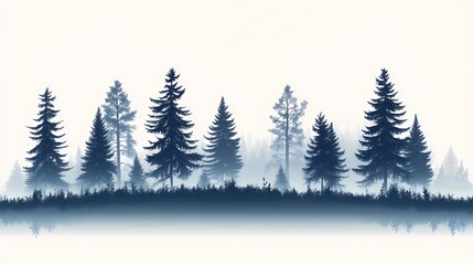 Misty Silhouette Pine Trees Forest Landscape. Tranquil Nature Illustration Backdrop Wallpaper