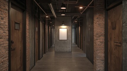 Obraz premium Industrial hallway with exposed brick, pipes, doors, concrete, and picture frame