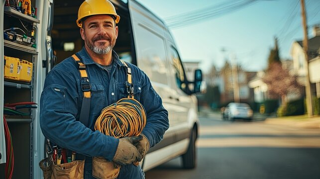 A smiling electrician stands by his van, holding a coil of wire.