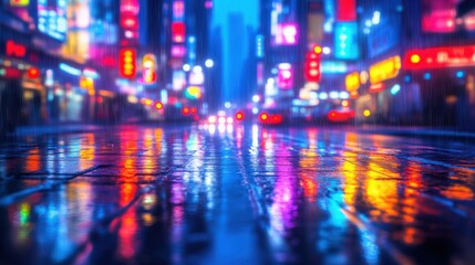 Obraz premium Vibrant city lights reflected on a rain slicked street at night