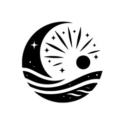 Celestial Night Sky: Crescent Moon & Stars, Minimalist Illustration
