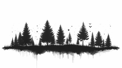 Black and White Silhouette of Forest. Minimalist Illustration of Pine Trees and Birds in Nature's Tranquil Setting