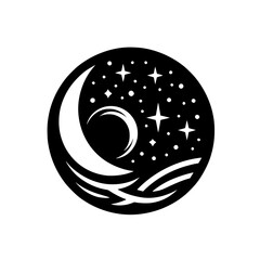 Obraz premium Celestial Circle: Crescent Moon, Stars, & Waves Illustration
