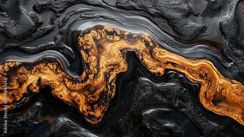 Poster abstract design of swirling golden and dark patterns.