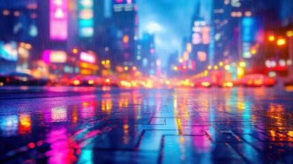 Obraz premium Wet street pavement with neon light reflections and blurred rainy night city background